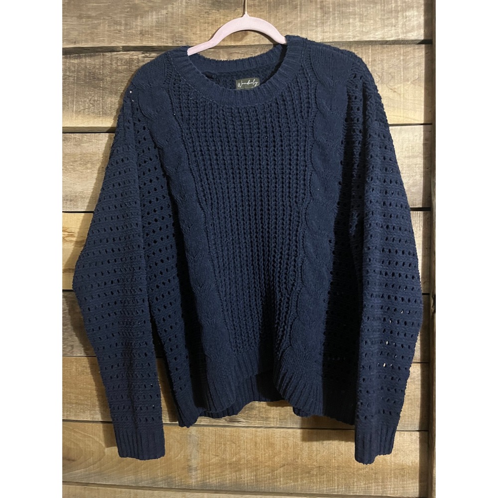 Wonderly‎ Navy Blue Cable Knit Open Weave Sweater Women's Size L
